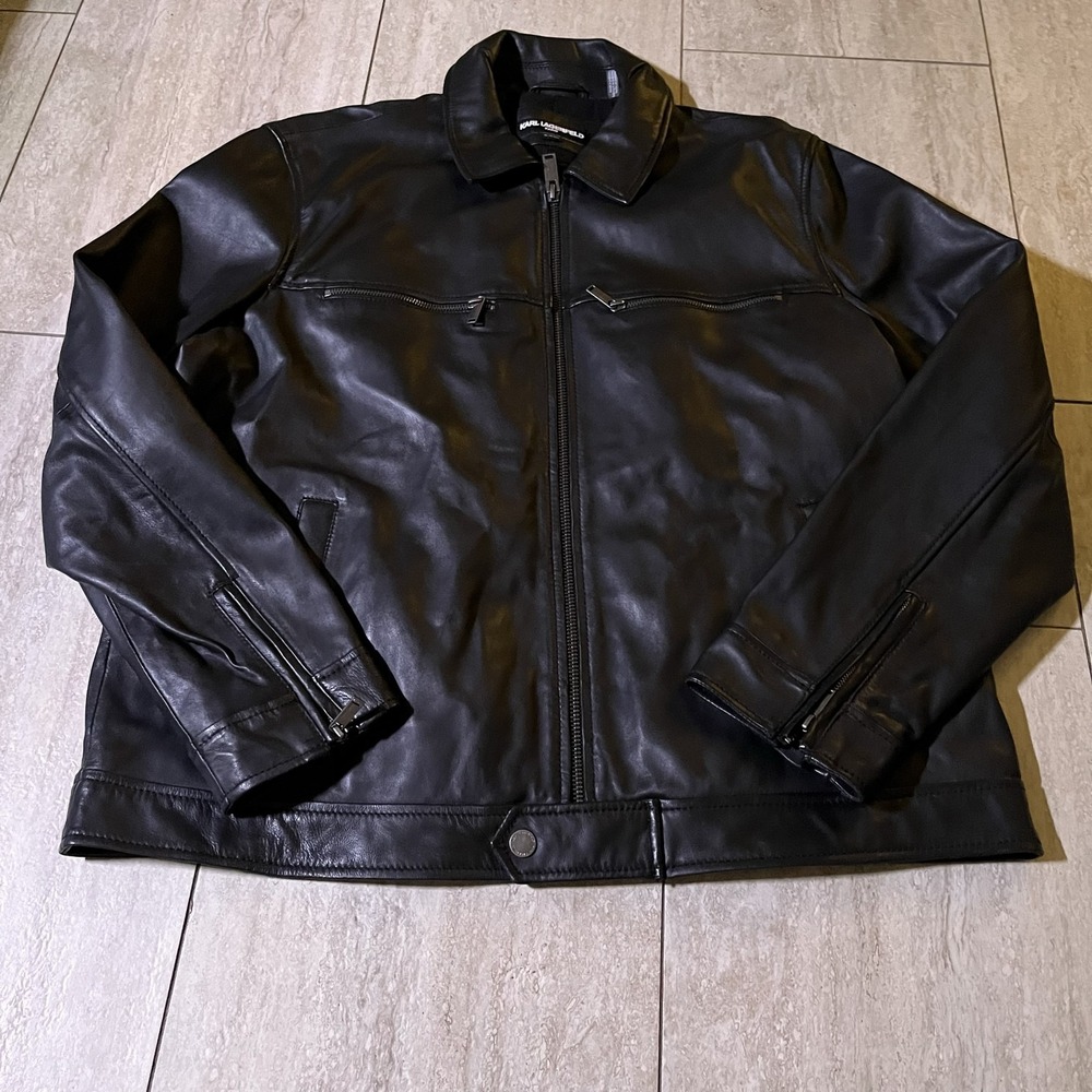 Karl Lagerfeld Mens XL Black Leather Motorcycle Jacket Full Zip LO5L0246